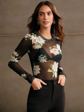 Anewsta European And American Sexy Sheer Mesh Printed Bodysuit